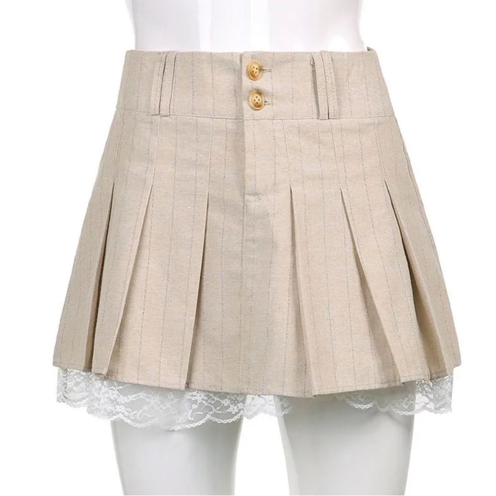 Lace Trim Pleated Cotton Skirt